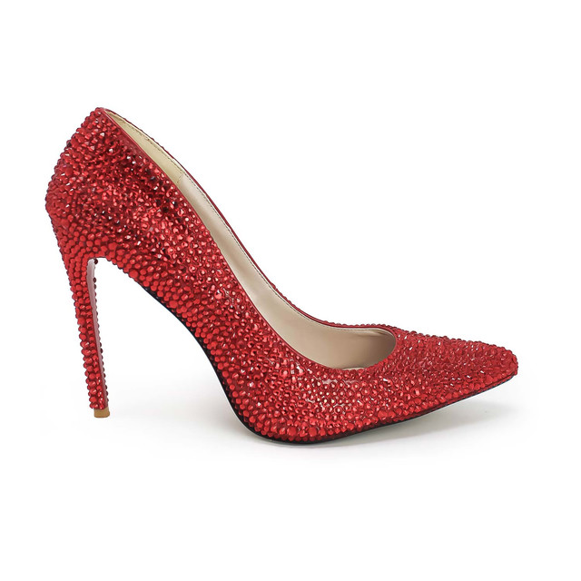 Red stiletto heel covered in shimmering red rhinestones with a pointed toe and a rubberized sole.
