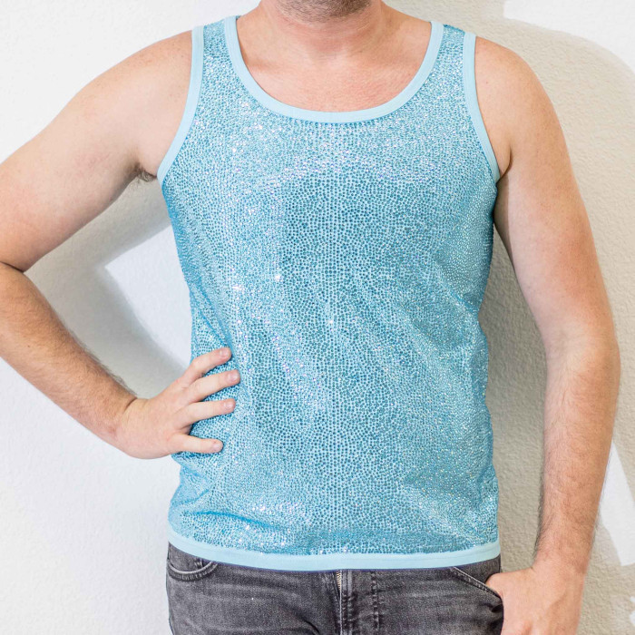 Aqua tank top with a straight-fit design covered in glass rhinestones and light blue trim around the neckline and armholes.