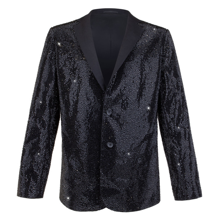 Black blazer covered in shimmering black rhinestones featuring a satin black lapel and two buttons on the front.