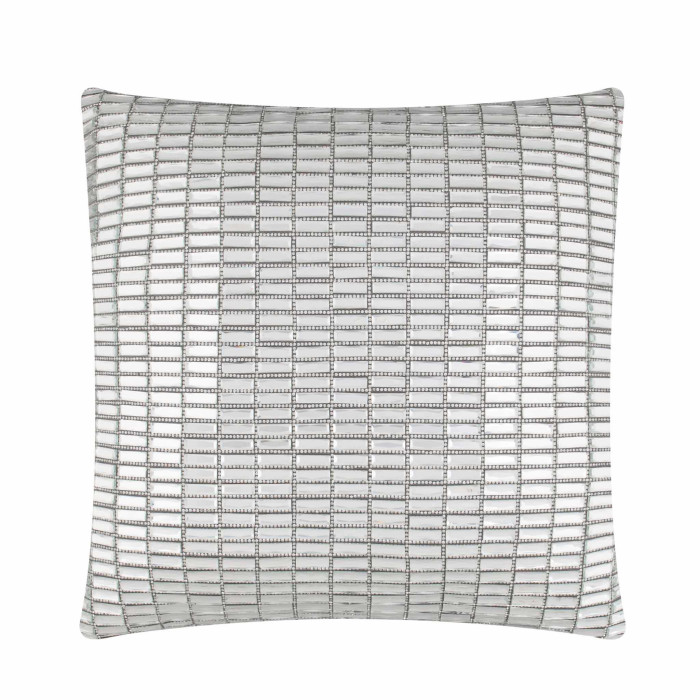 Square pillow with a textured silver velvet surface and glass stone embellishments in a grid pattern.