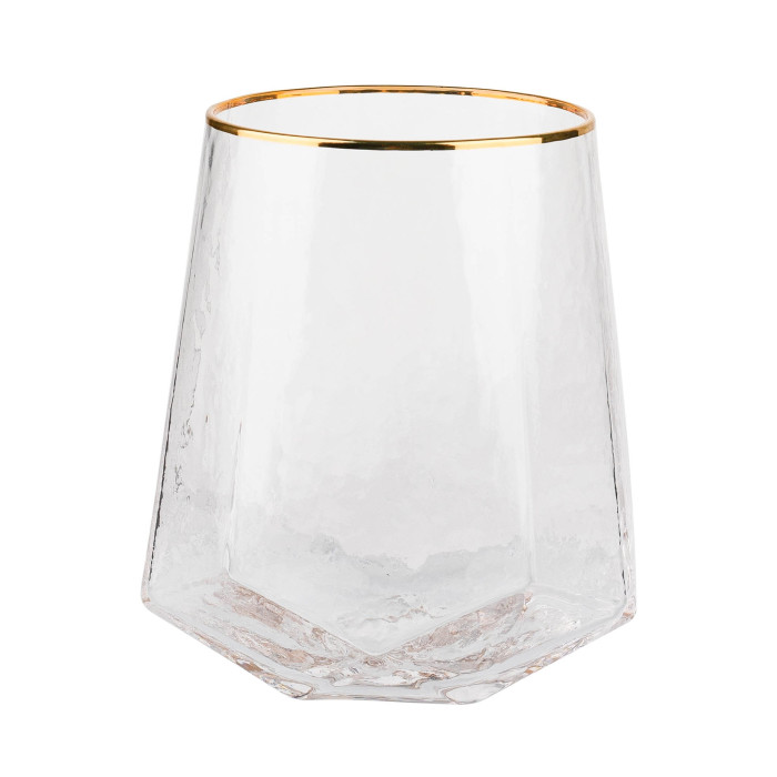 Clear glass drinking vessel with a pebbled texture and a gold rim featuring a hexagonal shape and smooth edges.
