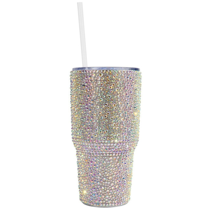 Rhinestone-encrusted double-walled stainless steel tumbler with a clear straw featuring a shimmering iridescent finish.