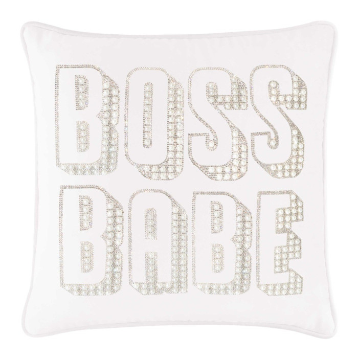 White velvet pillow featuring "BOSS BABE" in faux pearls and rhinestones with a smooth plush texture.