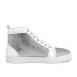 Red high-top sneakers made of leather and suede adorned with glass rhinestones featuring a smooth texture and rubber sole.