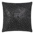 Square pillow covered in silver velvet with circular patterns of large glass rhinestones arranged in concentric circles.
