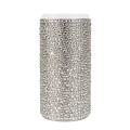 Tall can insulator covered in aqua crystals with a stainless steel body and white top featuring a smooth shiny texture. Tall can insulator covered in aqua crystals with a stainless steel body and white top featuring a smooth shiny texture.