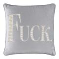 White velvet pillow with large rhinestone and faux pearl lettering spelling "FUCK" in silver embellishments. White velvet pillow with large rhinestone and faux pearl lettering spelling "FUCK" in silver embellishments.
