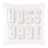 White velvet pillow featuring "BOSS BABE" in faux pearls and rhinestones with a smooth plush texture.