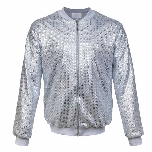 Silver bomber jacket with a diamond-patterned rhinestone embellishment and light gray ribbed cuffs and collar. Silver bomber jacket with a diamond-patterned rhinestone embellishment and light gray ribbed cuffs and collar.