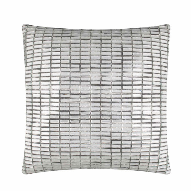 Square pillow with a textured silver velvet surface and glass stone embellishments in a grid pattern.