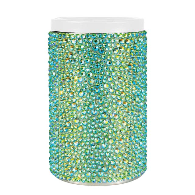 Aqua stainless steel can insulator covered in glass rhinestones with a white acrylic lid and a textured surface. Aqua stainless steel can insulator covered in glass rhinestones with a white acrylic lid and a textured surface.