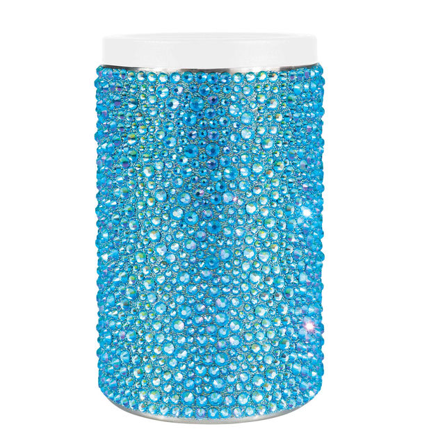 Aqua stainless steel can insulator covered in glass rhinestones with a white acrylic lid and a textured surface.