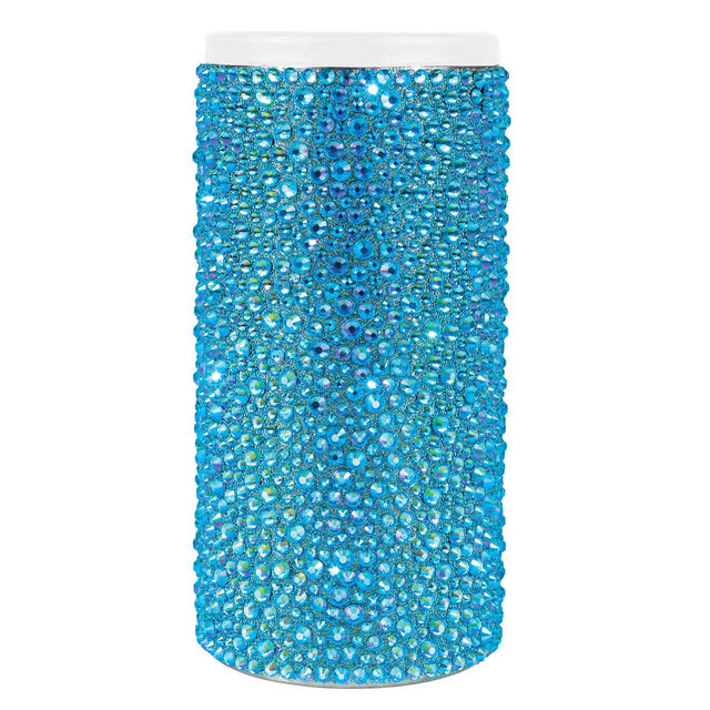 Tall can insulator covered in aqua crystals with a stainless steel body and white top featuring a smooth shiny texture. Tall can insulator covered in aqua crystals with a stainless steel body and white top featuring a smooth shiny texture.