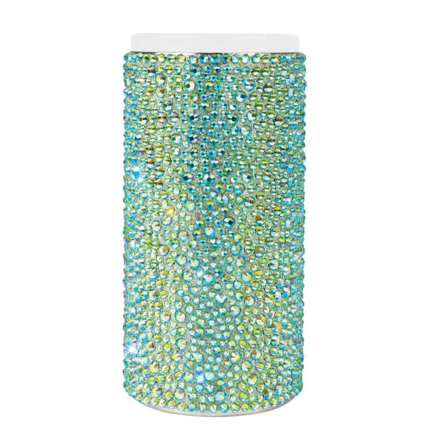 Tall can insulator covered in aqua crystals with a stainless steel body and white top featuring a smooth shiny texture. Tall can insulator covered in aqua crystals with a stainless steel body and white top featuring a smooth shiny texture.