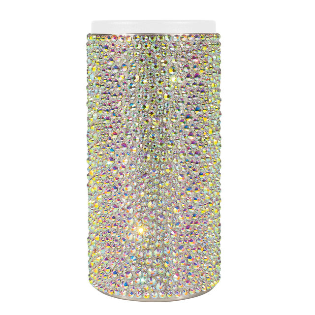 Tall can insulator covered in aqua crystals with a stainless steel body and white top featuring a smooth shiny texture. Tall can insulator covered in aqua crystals with a stainless steel body and white top featuring a smooth shiny texture.