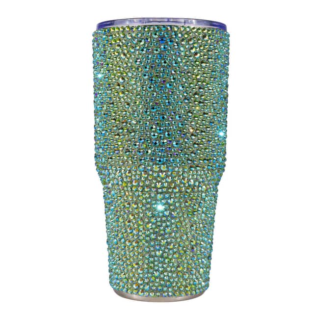 Rhinestone-encrusted double-walled stainless steel tumbler with a clear straw featuring a shimmering iridescent finish. Rhinestone-encrusted double-walled stainless steel tumbler with a clear straw featuring a shimmering iridescent finish.