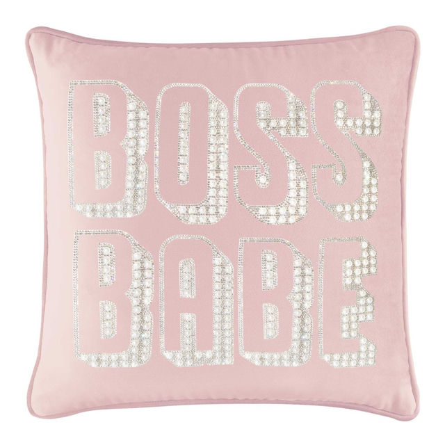 White velvet pillow featuring "BOSS BABE" in faux pearls and rhinestones with a smooth plush texture.