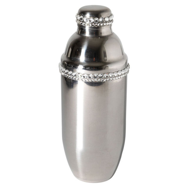 Stainless steel cocktail shaker with a smooth surface and glass rhinestone trim around the middle and top.
