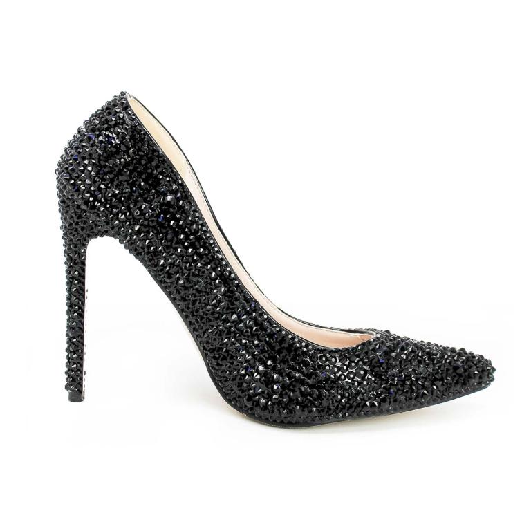 Black high-heeled pump covered in shimmering black rhinestones with a pointed toe and a rubberized sole.