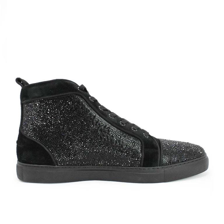 Black high-top sneakers made of leather and suede adorned with glass rhinestones featuring a textured surface and rubber sole.