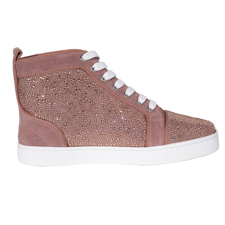 High-top sneakers in soft pink suede with glass rhinestones white laces and a white rubber sole.