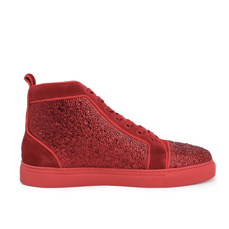 Red&#x20;high-top&#x20;sneakers&#x20;made&#x20;of&#x20;leather&#x20;and&#x20;suede&#x20;adorned&#x20;with&#x20;glass&#x20;rhinestones&#x20;featuring&#x20;a&#x20;smooth&#x20;texture&#x20;and&#x20;rubber&#x20;sole.