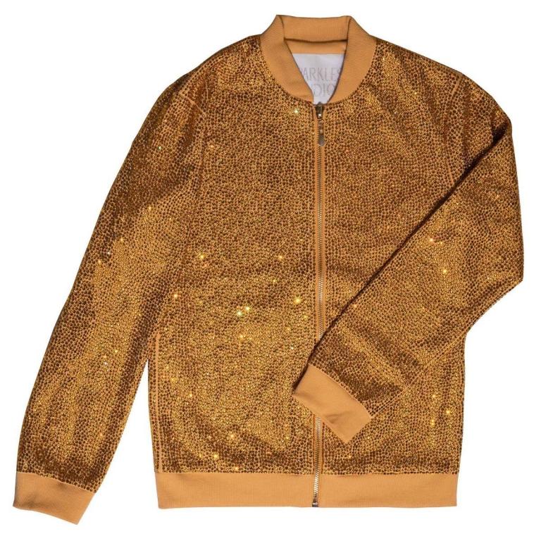 Bronze&#x20;bomber&#x20;jacket&#x20;covered&#x20;in&#x20;glass&#x20;rhinestones&#x20;with&#x20;a&#x20;cotton&#x20;blend&#x20;exterior&#x20;and&#x20;ribbed&#x20;cuffs&#x20;and&#x20;collar.