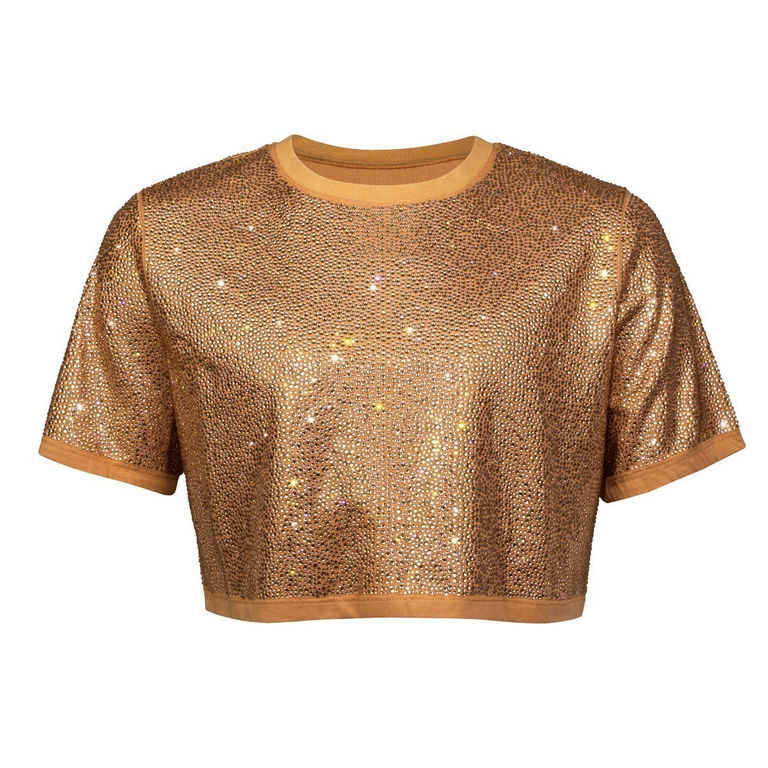 Gold crop top with short sleeves covered in rhinestones featuring a solid golden-brown ribbed neckline and hem.