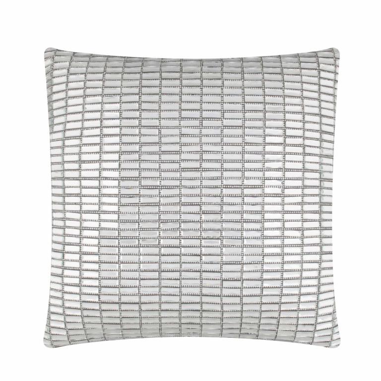 Square&#x20;pillow&#x20;with&#x20;a&#x20;textured&#x20;silver&#x20;velvet&#x20;surface&#x20;and&#x20;glass&#x20;stone&#x20;embellishments&#x20;in&#x20;a&#x20;grid&#x20;pattern.