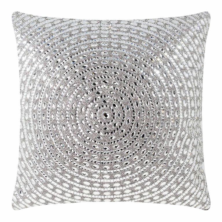 Square&#x20;pillow&#x20;covered&#x20;in&#x20;silver&#x20;velvet&#x20;with&#x20;circular&#x20;patterns&#x20;of&#x20;large&#x20;glass&#x20;rhinestones&#x20;arranged&#x20;in&#x20;concentric&#x20;circles.
