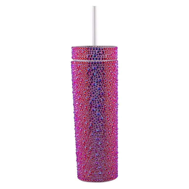A tall cylindrical tumbler covered in red and purple rhinestones with a clear straw on top.