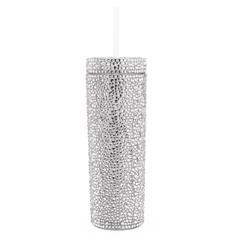 A&#x20;tall&#x20;silver&#x20;tumbler&#x20;covered&#x20;in&#x20;rhinestones&#x20;with&#x20;a&#x20;clear&#x20;straw&#x20;and&#x20;a&#x20;smooth&#x20;shiny&#x20;surface.