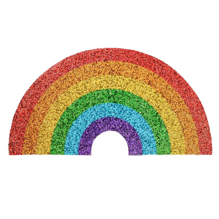 A&#x20;half-circle&#x20;placemat&#x20;featuring&#x20;seven&#x20;vibrant&#x20;stripes&#x3A;&#x20;red&#x20;orange&#x20;yellow&#x20;green&#x20;blue&#x20;indigo&#x20;and&#x20;violet&#x20;with&#x20;a&#x20;textured&#x20;glittery&#x20;finish.