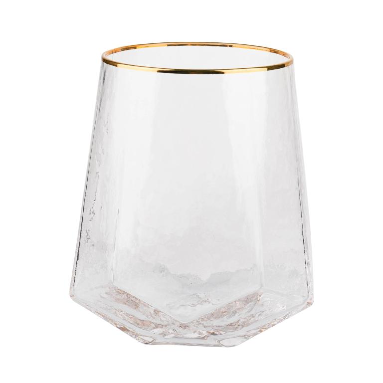 Clear&#x20;glass&#x20;drinking&#x20;vessel&#x20;with&#x20;a&#x20;pebbled&#x20;texture&#x20;and&#x20;a&#x20;gold&#x20;rim&#x20;featuring&#x20;a&#x20;hexagonal&#x20;shape&#x20;and&#x20;smooth&#x20;edges.