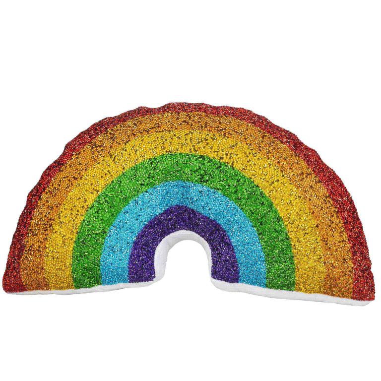 Rainbow-shaped&#x20;pillow&#x20;with&#x20;red&#x20;orange&#x20;yellow&#x20;green&#x20;blue&#x20;and&#x20;purple&#x20;glitter&#x20;white&#x20;velvet&#x20;back&#x20;and&#x20;a&#x20;hollow&#x20;center.