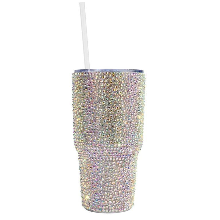 Rhinestone-encrusted&#x20;double-walled&#x20;stainless&#x20;steel&#x20;tumbler&#x20;with&#x20;a&#x20;clear&#x20;straw&#x20;featuring&#x20;a&#x20;shimmering&#x20;iridescent&#x20;finish.