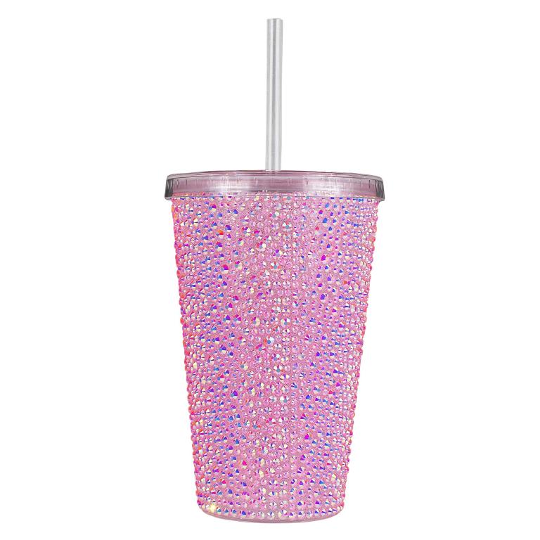 A&#x20;pink&#x20;acrylic&#x20;tumbler&#x20;covered&#x20;in&#x20;rhinestones&#x20;featuring&#x20;a&#x20;silver&#x20;lid&#x20;and&#x20;straw&#x20;with&#x20;a&#x20;textured&#x20;sparkling&#x20;surface.