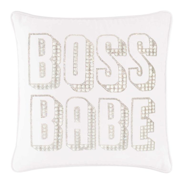 White&#x20;velvet&#x20;pillow&#x20;featuring&#x20;&quot;BOSS&#x20;BABE&quot;&#x20;in&#x20;faux&#x20;pearls&#x20;and&#x20;rhinestones&#x20;with&#x20;a&#x20;smooth&#x20;plush&#x20;texture.