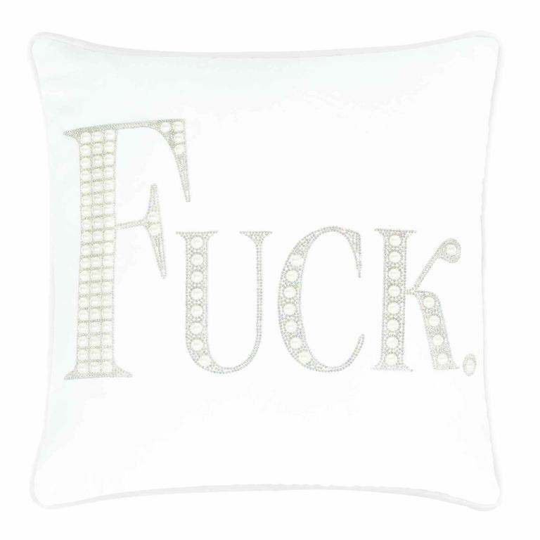 White&#x20;velvet&#x20;pillow&#x20;with&#x20;large&#x20;rhinestone&#x20;and&#x20;faux&#x20;pearl&#x20;lettering&#x20;spelling&#x20;&quot;FUCK&quot;&#x20;in&#x20;silver&#x20;embellishments.