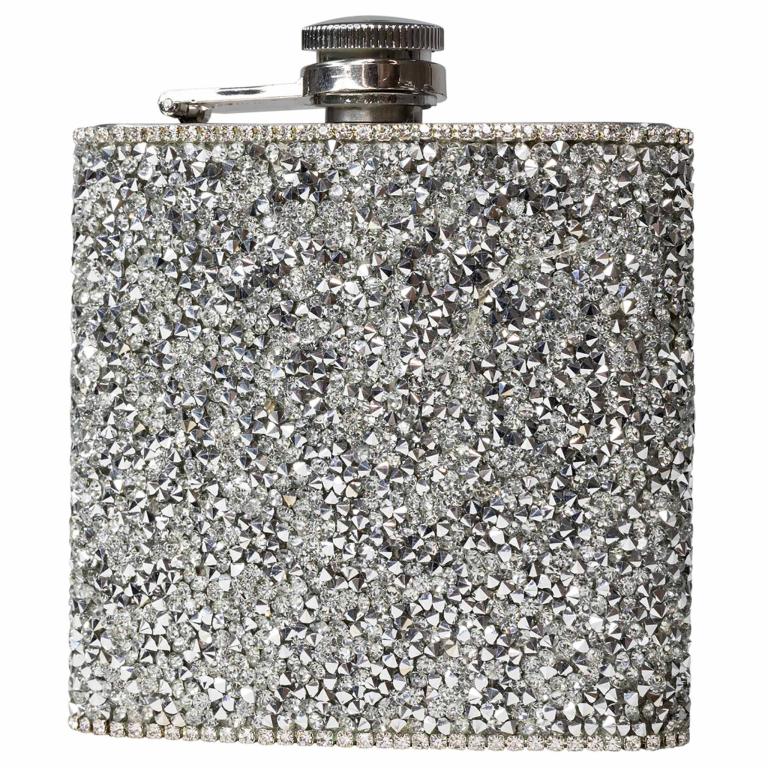 Sparkly&#x20;silver&#x20;flask&#x20;covered&#x20;in&#x20;resin&#x20;rhinestones&#x20;stainless&#x20;steel&#x20;body&#x20;compact&#x20;rectangular&#x20;shape&#x20;and&#x20;screw-top&#x20;lid.