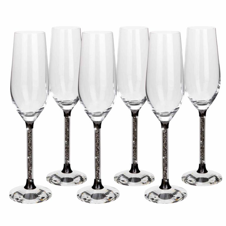 Clear crystal toasting flute with a black base and a glittering silver-filled stem elegantly shaped with a flared top.