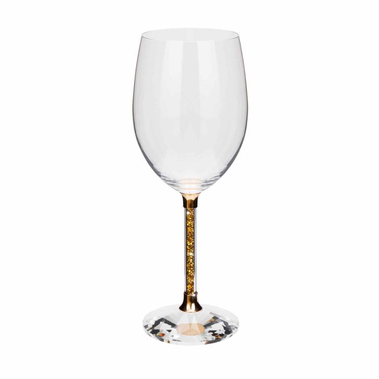 Clear&#x20;crystal&#x20;wine&#x20;glass&#x20;with&#x20;a&#x20;gold&#x20;stem&#x20;featuring&#x20;yellow&#x20;rhinestones&#x20;and&#x20;a&#x20;faceted&#x20;clear&#x20;base.
