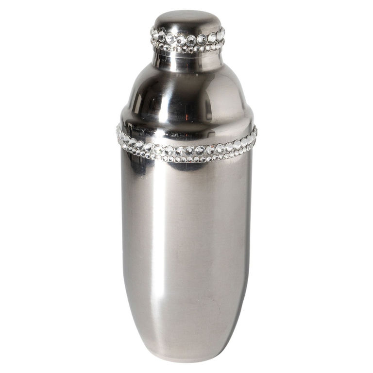 Stainless steel cocktail shaker with a smooth surface and glass rhinestone trim around the middle and top.