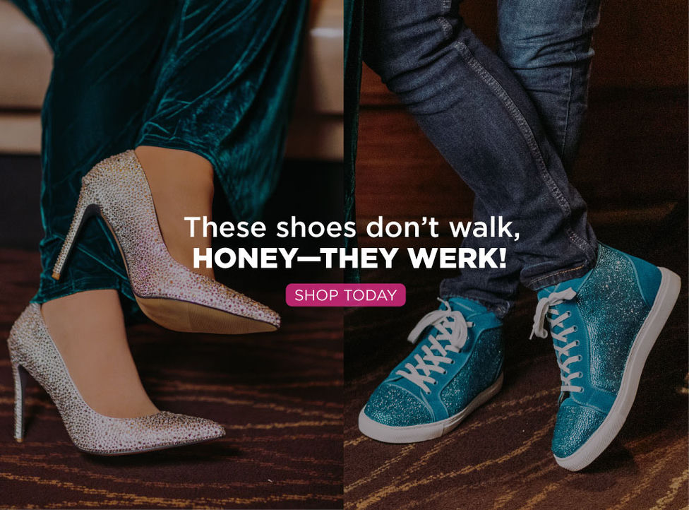 Sparkly rhinestone heels and glitter sneakers collection't walk, HONEY—THEY WERK! - Sparkly rhinestone high heels and blue glitter sneakers showcase