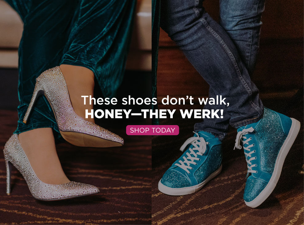 Sparkly rhinestone heels and glitter sneakers collection't walk, HONEY—THEY WERK! - Sparkly rhinestone high heels and blue glitter sneakers showcase