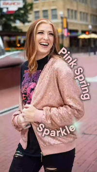 Sparkle this spring. ✨🌸⁠ ⁠ Featuring the Strass Rhinestone Bomber Jacket and matching Strass Rhinestone High-Top Sneakers in pink. A look that shines from head to toe.